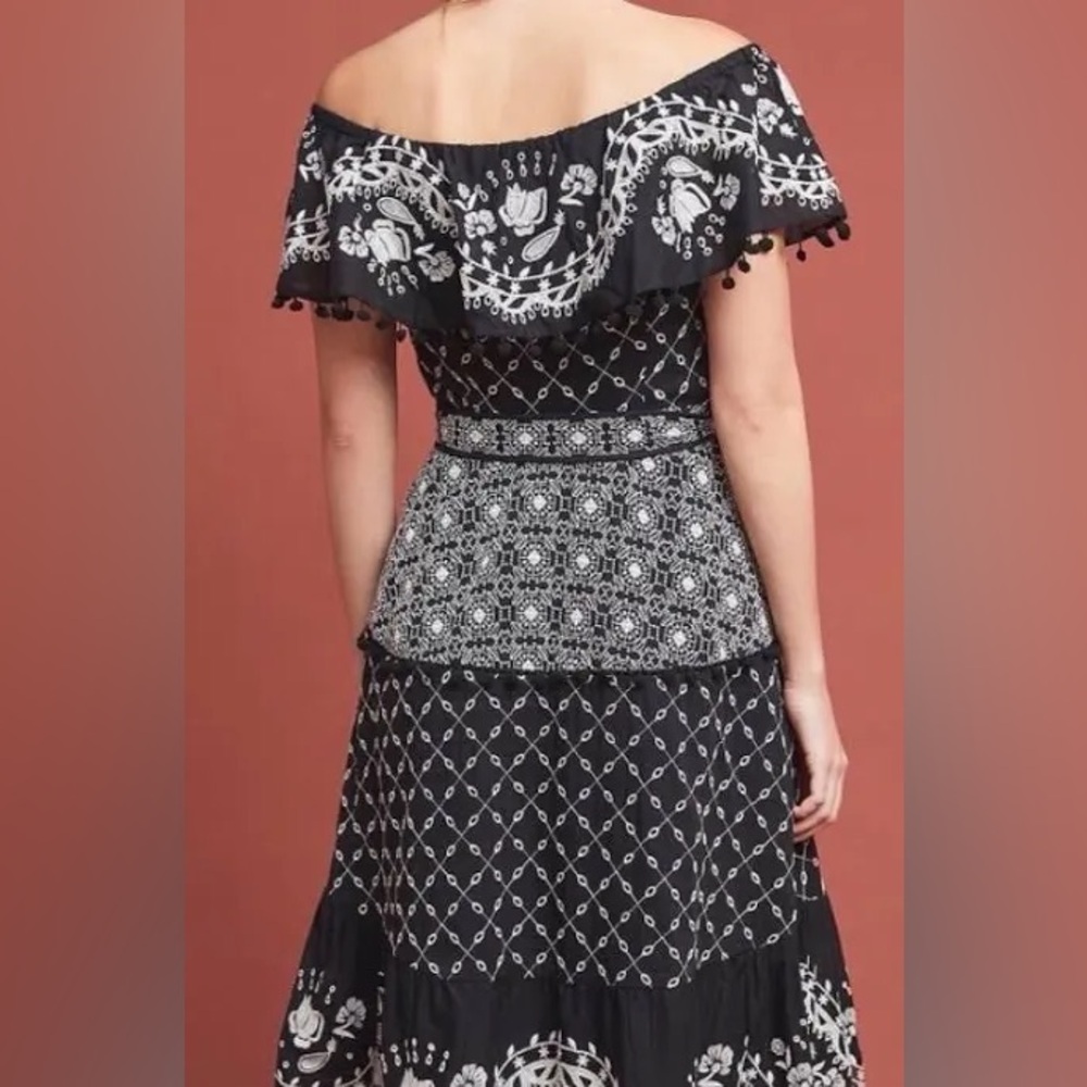 Lace eyelet off the shoulder, embroidered tiered dress